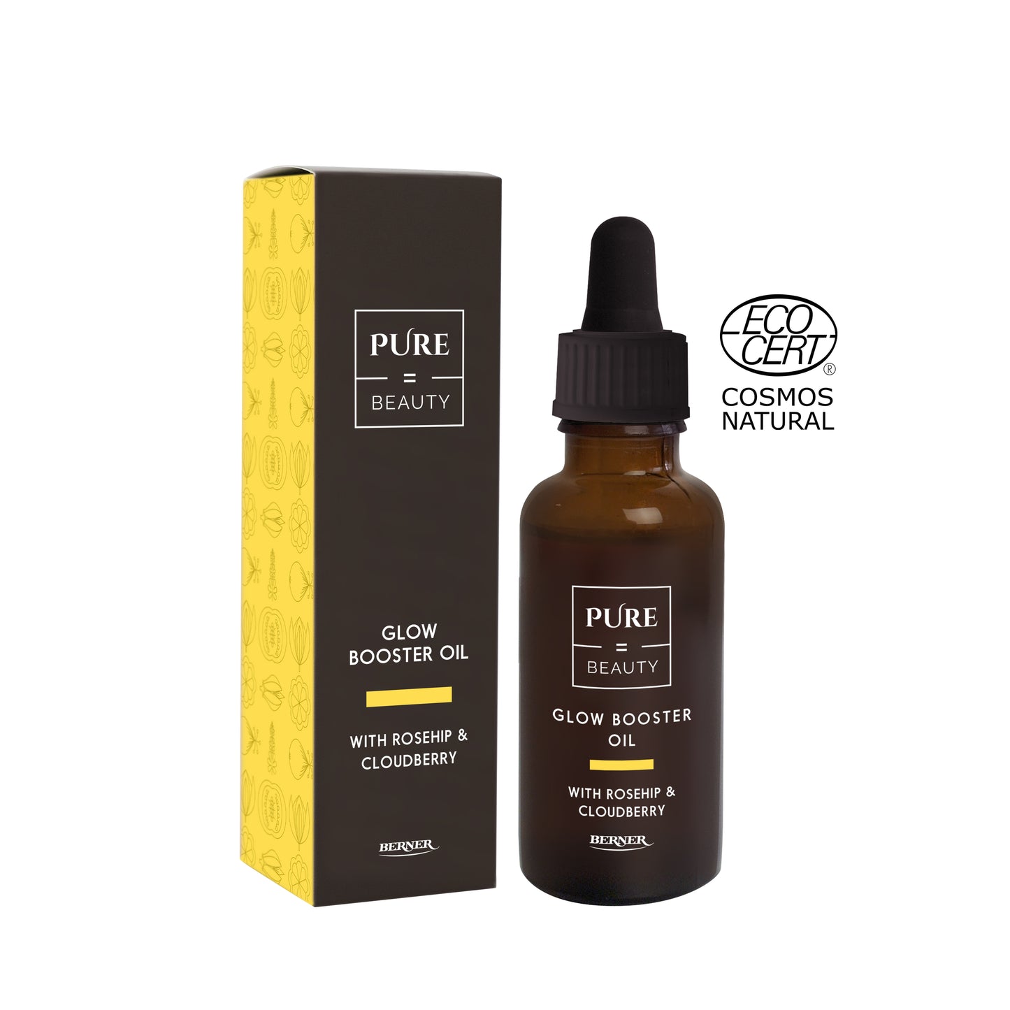 Pure=Beauty Glow Booster Oil, ruskea lasinen tippapullo tekstillä "Pure Beauty Glow Booster Oil" pakkauksensa vieressä; teksti korostaa ruusunmarjaa ja lakkaa; näkyvissä ECOCERT Cosmos Natural -logo; pakkauksessa keltais-mustaa suunnittelua; pullo ja pakkaus pystyssä tasaisella alustalla, kuvattu yksinkertaista taustaa vasten selkeällä groteskityypillä.