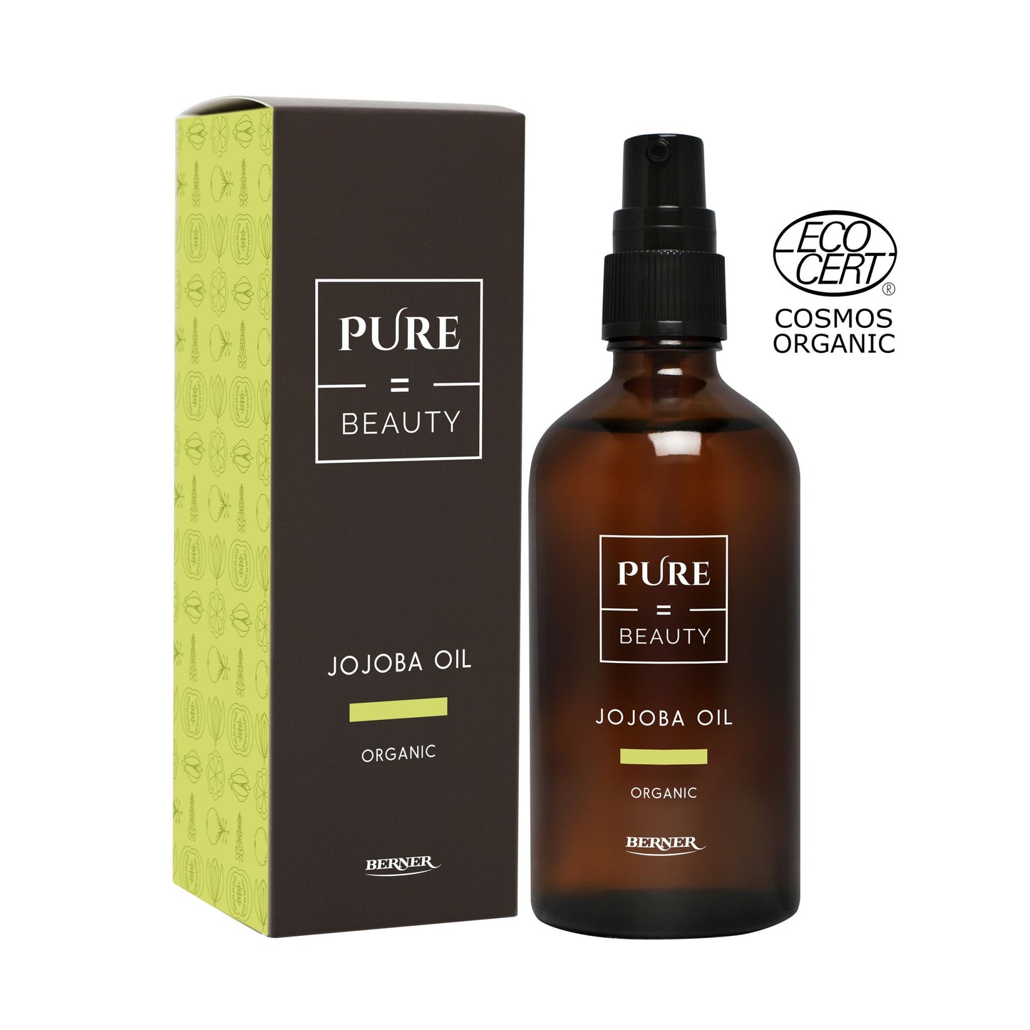 A brown glass bottle labeled Pure = Beauty Jojoba Oil Organic stands next to its matching rectangular cardboard box, both upright. The box displays the ECOCERT Cosmos Organic logo in the upper corner. Text on both items uses a clean sans-serif font. The bottle has a matte black cap. The background is plain white with evenly distributed lighting. No people or hands are visible in the shot.