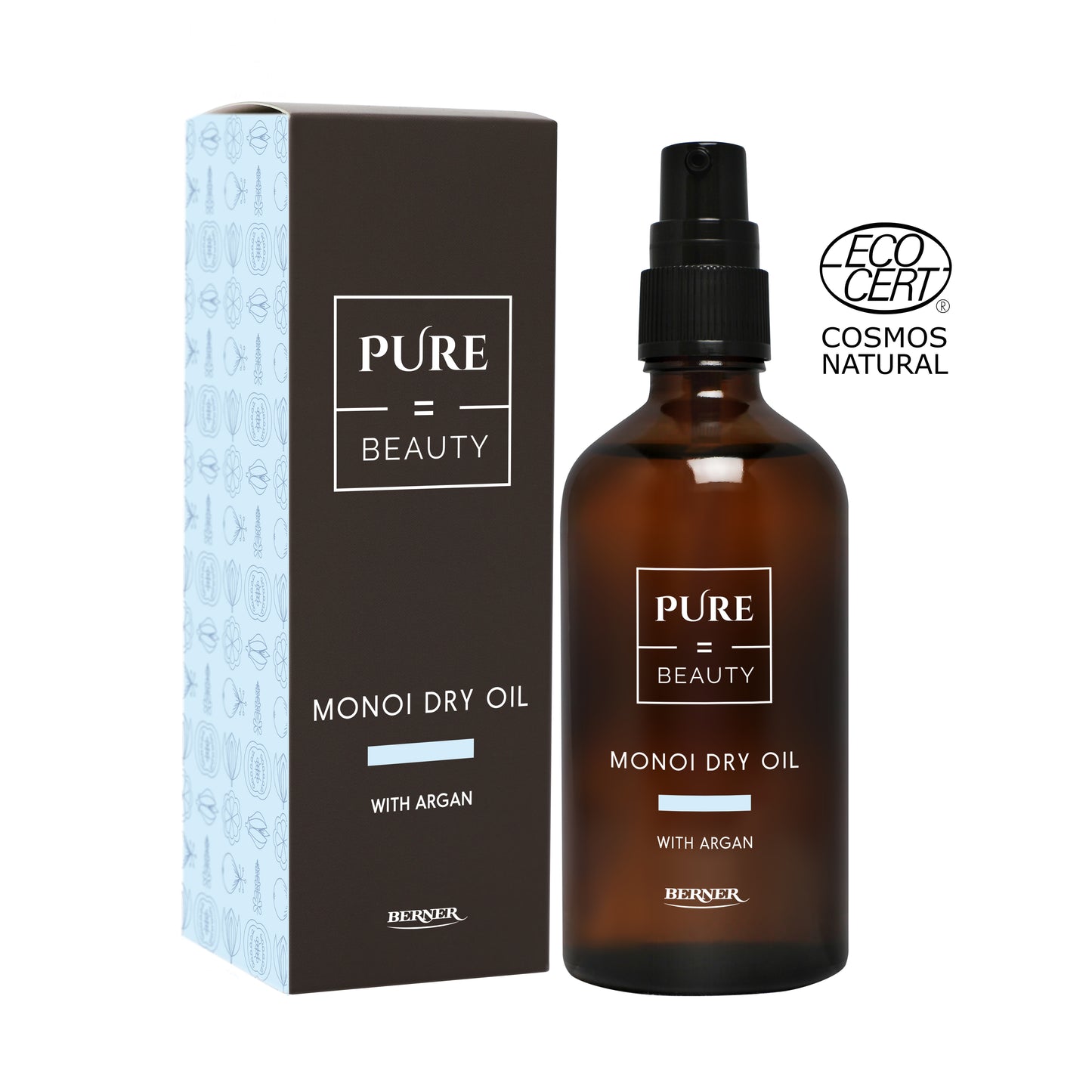 Pure=Beauty Monoi Kuivaöljy, ruskea pullo tekstillä "PURE = BEAUTY MONOI DRY OIL" ja Argan-maininnalla, suorakaiteen muotoisen vastaavan pakkauksen vieressä; molemmissa mattapinta ja samankaltainen ruskea-valkoinen väritys; ECOCERT COSMOS NATURAL -logo näkyvissä molemmissa; alaosassa suuraakkosin sana BERNER; tausta yksinkertainen, ei ihmisiä eikä käsiä, tuote pystyssä.
