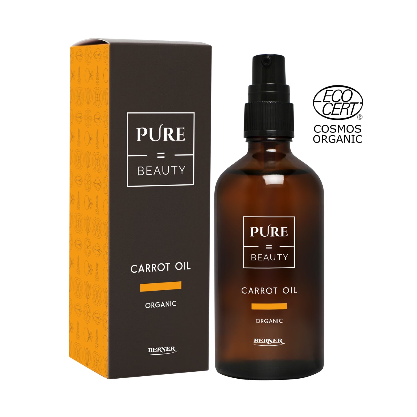 Pure=Beauty Porkkanaöljy, ruskea sumutepullo mattapinnalla, teksti "Pure = Beauty Carrot Oil Organic" vastaavan suorakaiteen muotoisen pakkauksen vieressä; molemmissa oikeassa yläkulmassa ECOCERT COSMOS ORGANIC -sertifikaattilogo; etiketti groteskityyppinen; tuotteet kuvattu avaamattomina yksinkertaista taustaa vasten.