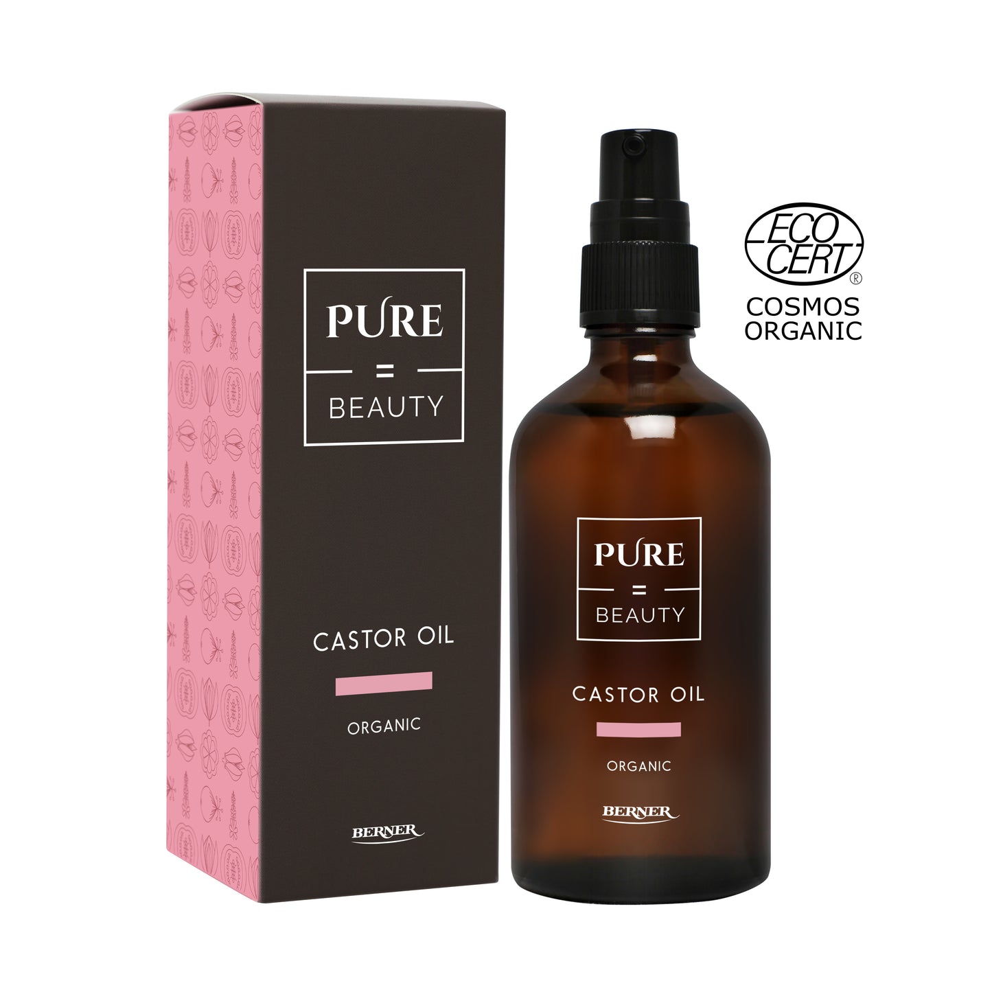 Pure=Beauty Risiiniöljy, meripihkanvärinen pullo pumppuannostelijalla vaaleanpunaisen suorakaiteen muotoisen pakkauksen vieressä; pakkauksessa ja pullossa pelkistettyä mustaa groteskitekstiä; oikeassa yläkulmassa ECOCERT Cosmos Organic -sertifikaattilogo; tausta yksinkertainen, hyvin valaistu studiokuva, ei ihmisiä eikä käsiä näkyvissä.