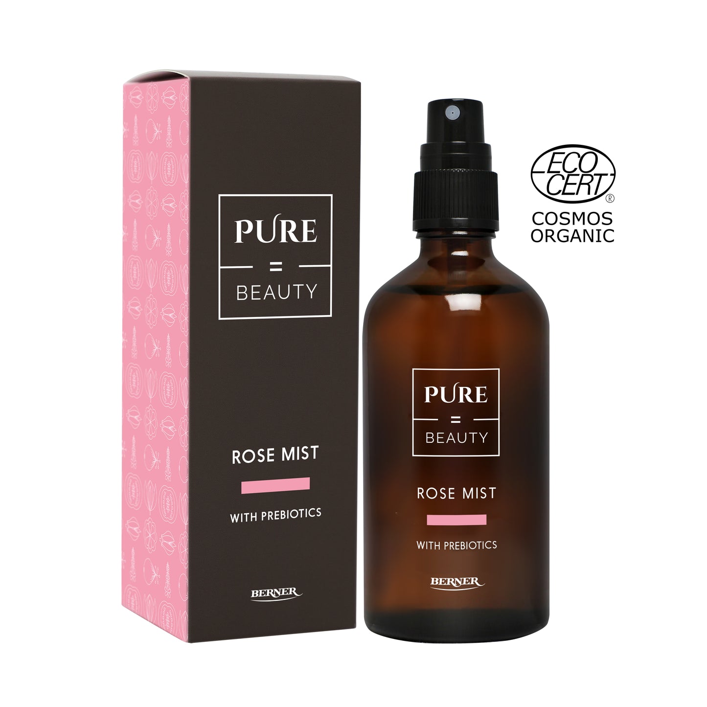 Pure=Beauty Rose Mist, prebiootteja sisältävä ruusuvesisuihke ruskeassa pullossa vaaleanpunaisen pakkauksen vieressä, mukana ECOCERT Cosmos Organic -logo; pullo sylinterimäinen mustalla suihkupäällä; sekä pullo että pakkaus mattapintaisia; typografia moderni groteski, teksti "Prebiotics" korostetusti esillä; ei ihmisiä eikä käsiä näkyvissä, kuva yksinkertaista taustaa vasten.