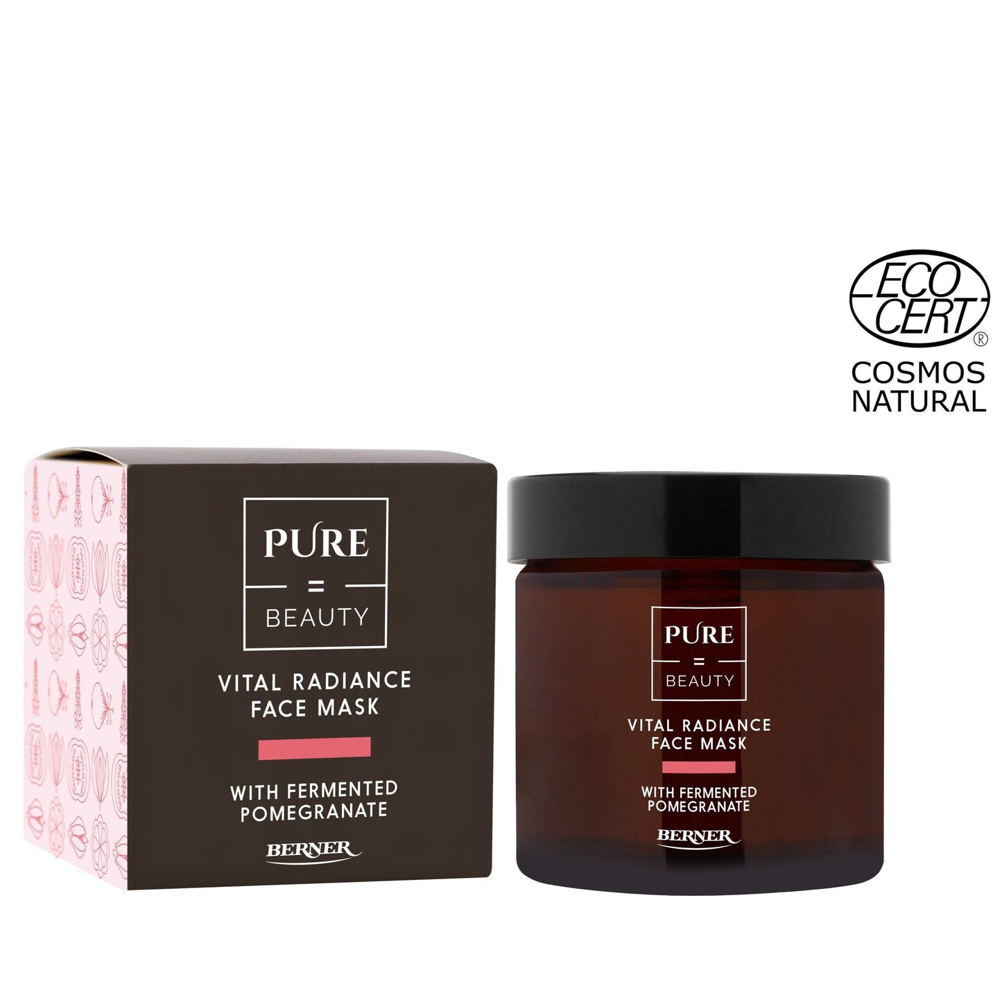 A brown jar of Pure Beauty Vital Radiance Face Mask with fermented pomegranate is next to its box. Both jar and box have white labels with black and red sans-serif text. The surface finish appears matte on the packaging. The ECOCERT Cosmos Natural certification logo is in the top right corner. The background is neutral, and no people or hands are visible in the image.