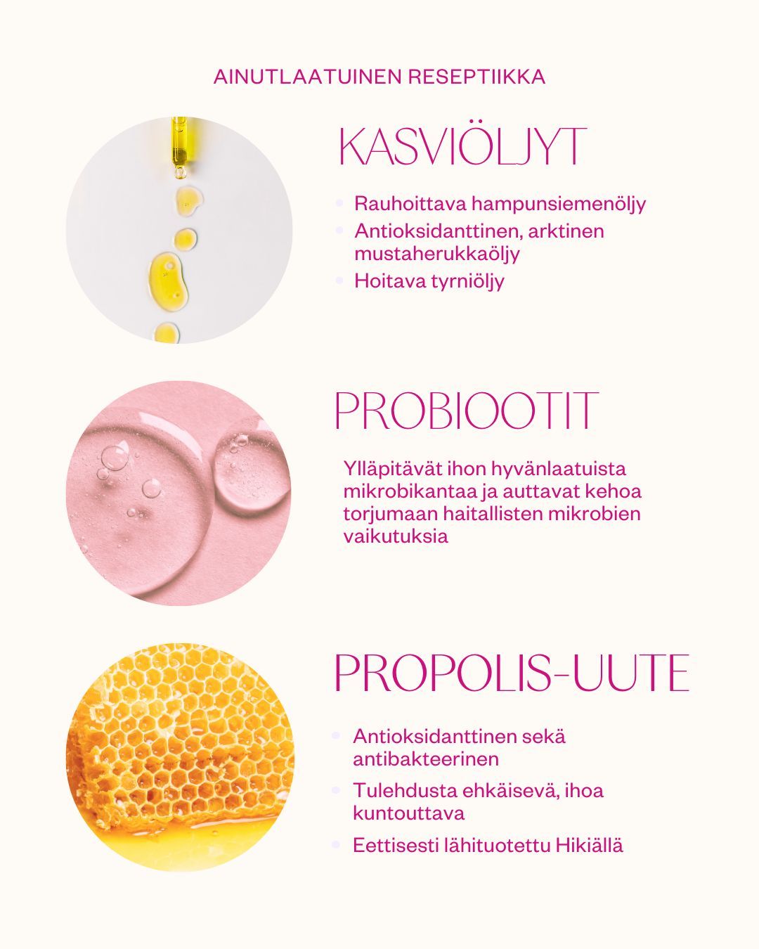 FLOW Cosmetics Propolis & Probiotics Rescue Cream; kolme osiota kuvineen: keltaisia öljypisaroita, vaaleanpunaista nestettä kuplineen ja hunajakennoa; suomenkielinen teksti lohkoina esittää kasviöljyjen, probioottien ja propolisuutteen hyötyjä ihon terveydelle sekä eettistä alkuperää; tausta valkoinen; ei ihmisiä tai käsiä; kaikki teksti groteskikirjasimella; kuva tasokuvana, kaikki osiot selkeästi näkyvissä.