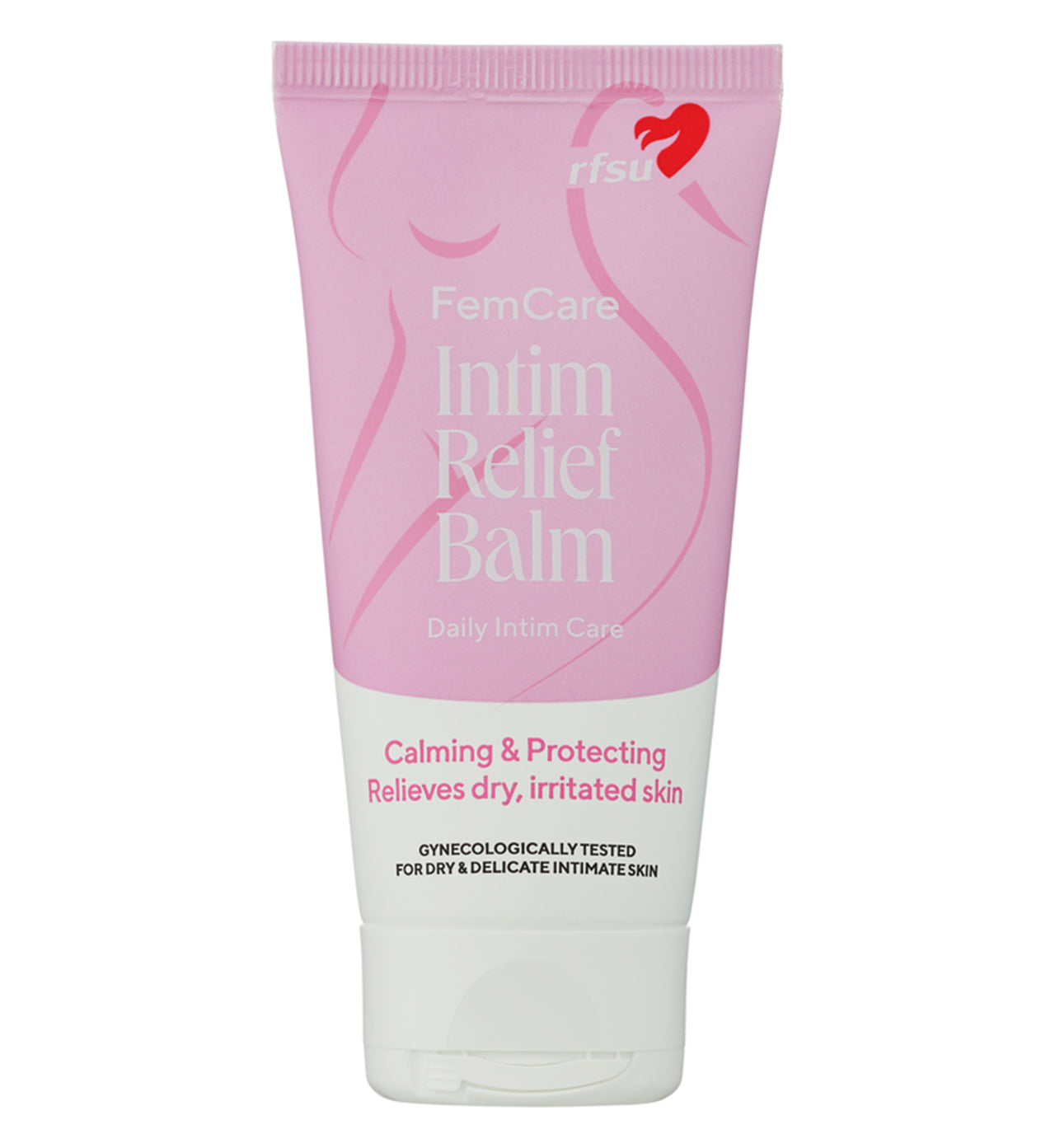 RFSU FemCare Intim Relief Balm; vaaleanpunainen ja valkoinen tuubi tekstillä ”FemCare Intim Relief Balm”, rikastettu rauhoittavin ainesosin, kuvattu rauhoittavaksi, suojaavaksi ja kuivan, ärtyneen ihon hoitoon sopivaksi; ihanteellinen päivittäiseen intiimihoitoon; tuubi kiiltäväpinnalla ja lieriömäinen muoto tasakorkilla; groteskitekstiä eri kokoina etusivulla; pakkaus vaikuttaa muovilta; tuote kuvattu tasaisella valkoisella taustalla suoraan edestä, ei ihmisiä tai esineitä.