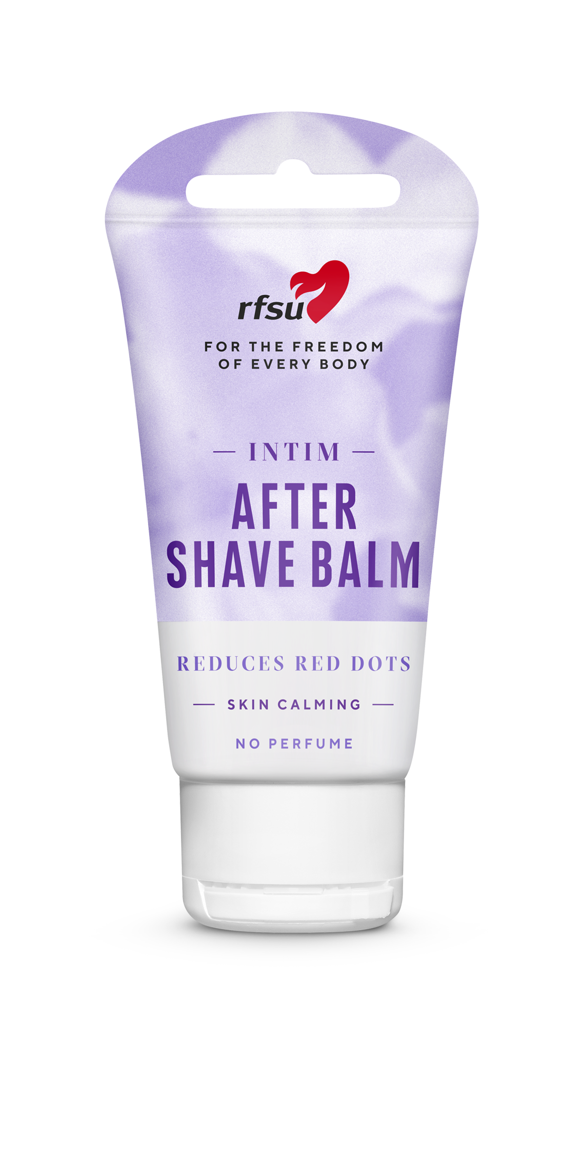 RFSU Intim After Shave Balm; tuubi RFSU Intim After Shave Balm -tuotetta violetilla ja valkoisella ulkoasulla; tuubi muovia mattapinnalla ja groteskityyppografiaa; etikettitekstin mukaan tuote vähentää punaisia pisteitä, tarjoaa rauhoittavaa hoitoa, on hajusteeton ja sopii kaikille; tuote pystyssä tasaisella valkoisella taustalla suoraviivaisessa tuotekuvassa, ei ihmisiä tai käsiä.