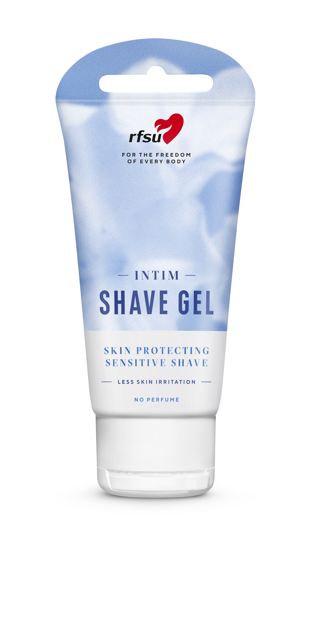 RFSU Intim Shave Gel; sininen ja valkoinen tuubi tekstillä ”INTIM SHAVE GEL”, tarkoitettu ihon suojaamiseen ja herkälle iholle sopivaan parranajoon, alaosassa merkintä ”NO PERFUME”; brändi rfsu tunnetaan hellävaraisesta ihonhoidosta; tuubi lieriömäinen valkoisella läppäkorkilla, sileää muovia puolikiiltävällä pinnalla; groteskitekstiä eri painoina sinisenä, mustana ja vaaleanpunaisena; tuote pystyssä neutraalia taustaa vasten, ei ihmisiä tai rekvisiittaa.