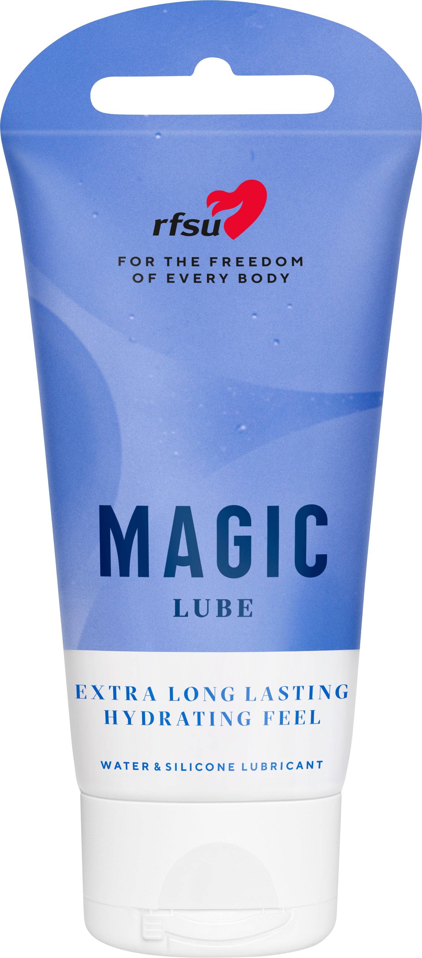 RFSU Magic Lube Liukuvoide: tuubi tekstillä "RFSU Magic Lube" sinisellä designilla, merkitty "Extra Long Lasting Hydrating Feel" ja ainutlaatuinen vesi- ja silikonipohjainen liukuvoidekaava; tuubi seisoo pystyssä puolikiiltävää muovia valkoisella läppäkorkilla; kirjasin on lihavoitua groteskia valkoisella ja sinisellä; ei ihmisiä tai käsiä näkyvissä, tuote keskitetty yksinkertaista taustaa vasten.