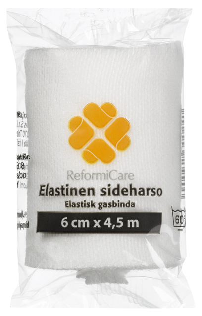 Reformicare Elastinen Sideharso; pakattu rulla ReformiCare-elastista sideharsoa, merkitty ”Elastinen sideharso”, mitat 6 cm x 4,5 m, kirkkaassa muovikääreessä keltaisella logolla ja mustalla tekstillä; side rullattu lieriömäiseen muotoon; pakkaus läpinäkyvä ja kiiltäväpintainen; etikettiteksti tuotenimeä ja kokotietoja groteskifontilla; ei ihmisiä tai käsiä näkyvissä, tasainen tausta.