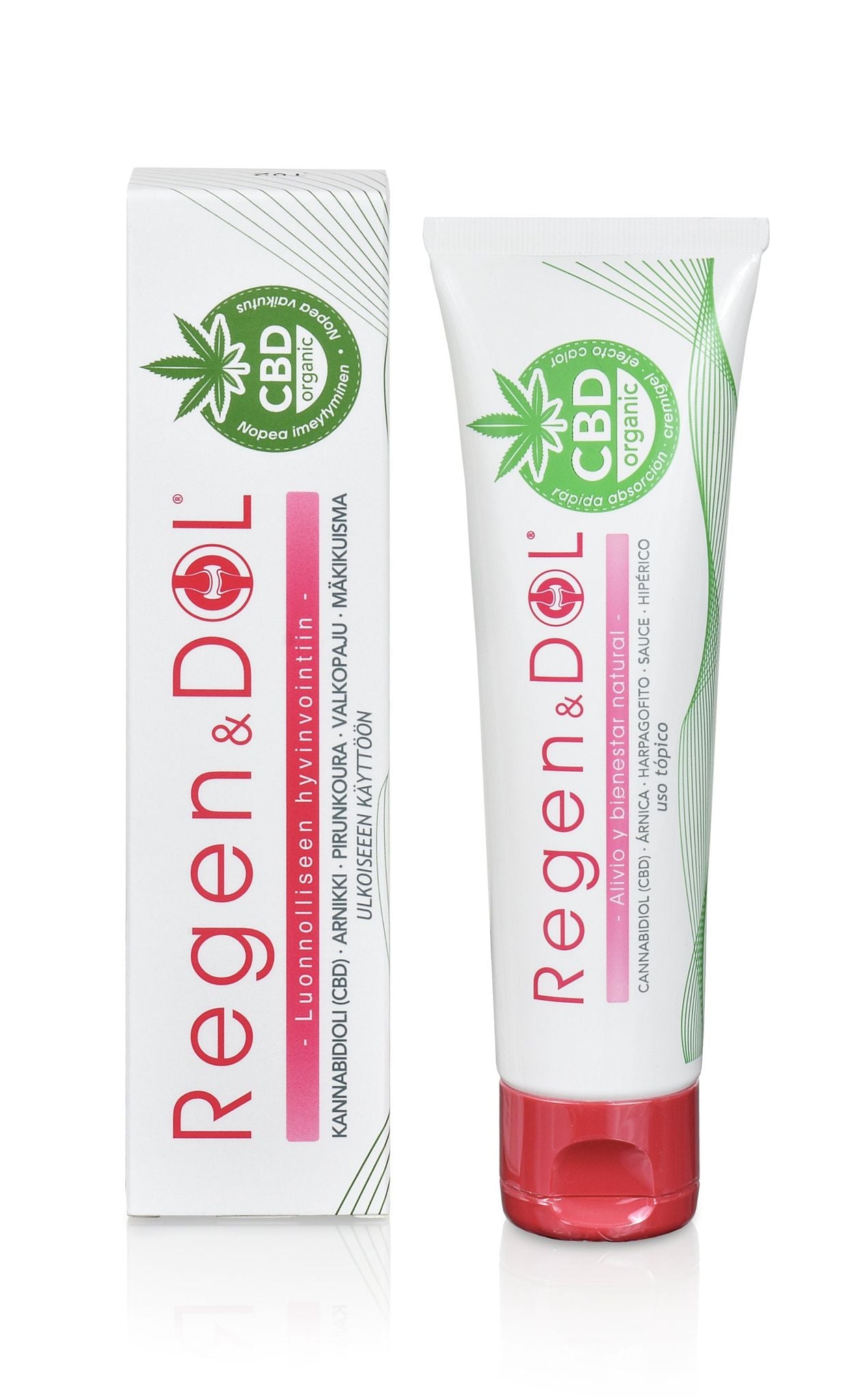 A white box and tube of Regen&Dol cream with green and pink accents, labeled as containing CBD. Both feature a hemp leaf symbol and product information in Finnish and English. The packaging is rectangular for the box, cylindrical for the tube; both have a matte finish. Typeface is sans serif with bolded brand name. Items are photographed against a plain white background; no people or hands are visible.