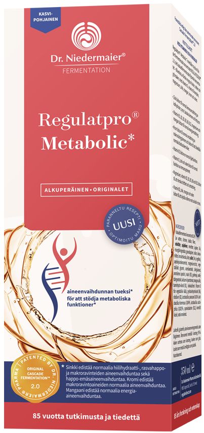 Regulatpro Metabolic (Dr. Niedermaier) -pakkaus, suomeksi ja ruotsiksi, tuotelogolla ja kultaisella pyörrekuviolla; kiiltäväpintainen aaltopahvirasia, sinis-punainen groteskiteksti valkoisella pohjalla