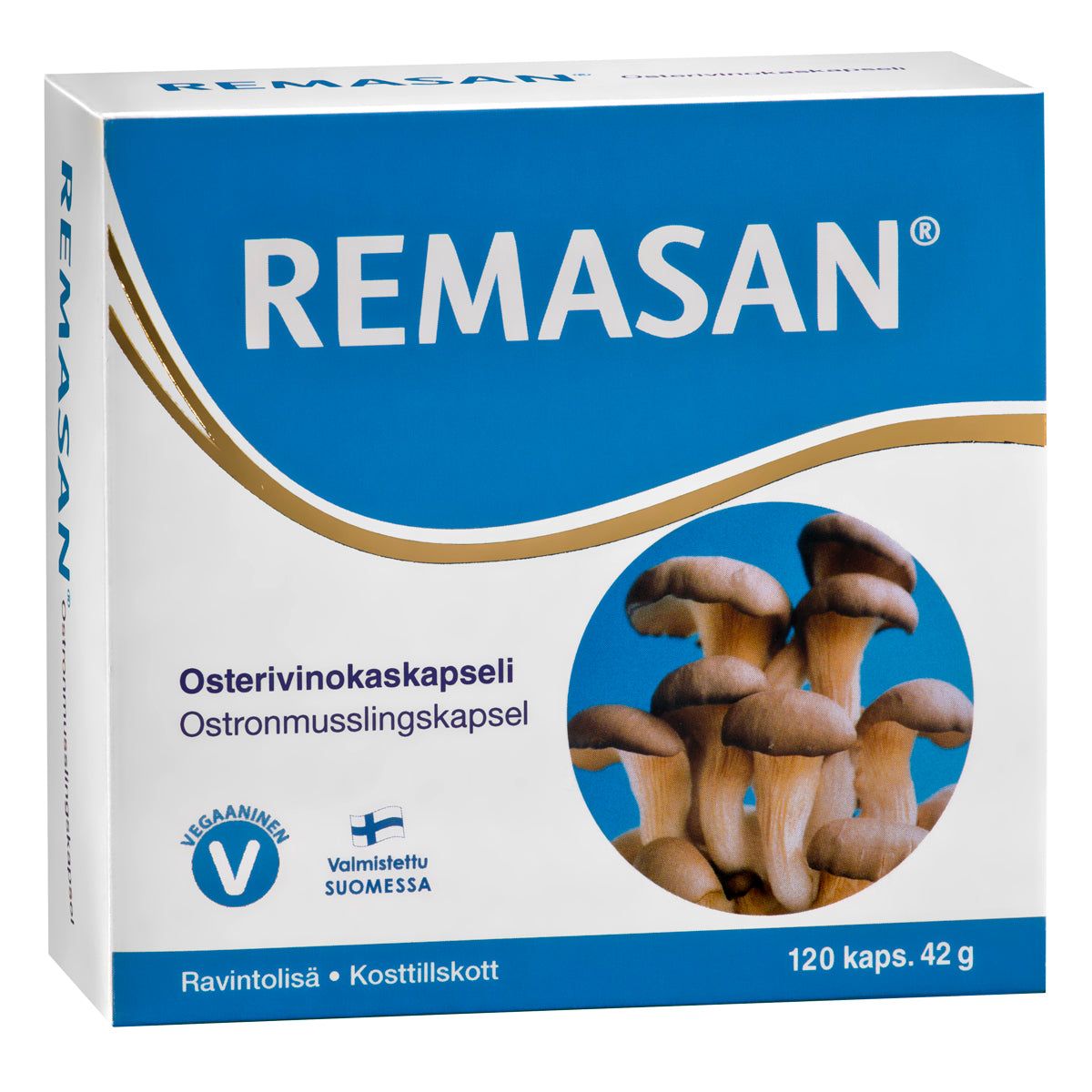 REMASAN-pakkaus, osterivinokaskuva etupaneelissa; valkoinen-beige mattapintainen rasia, vegaani- ja suomalaismerkit, teksti suomeksi ja ruotsiksi