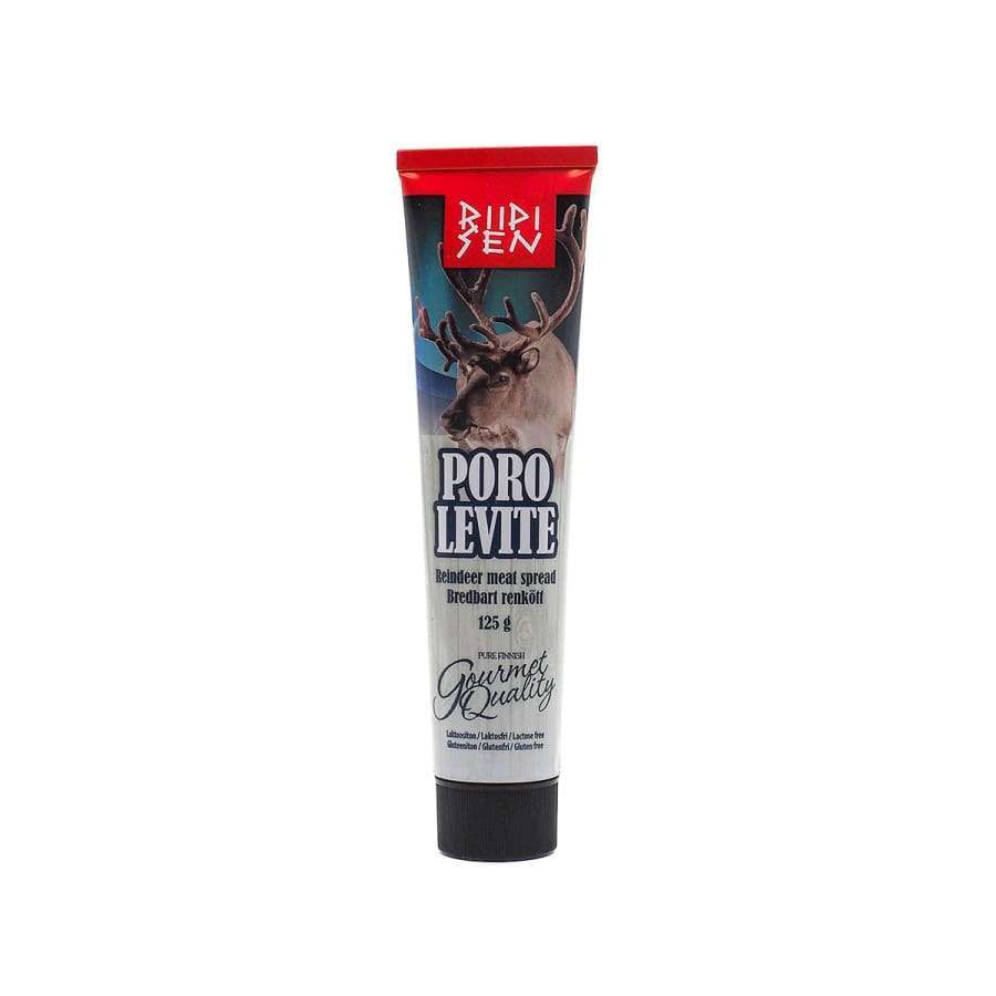 A tube of Poro Levite reindeer meat spread with an image of a reindeer on the label and a red cap on top. The tube is cylindrical, metallic with glossy labeling, and features bold sans-serif text in mostly Finnish. The label has a white background with colored graphics and readable product name. The setting is neutral; no people or hands are present. Close-up shot, plain background.