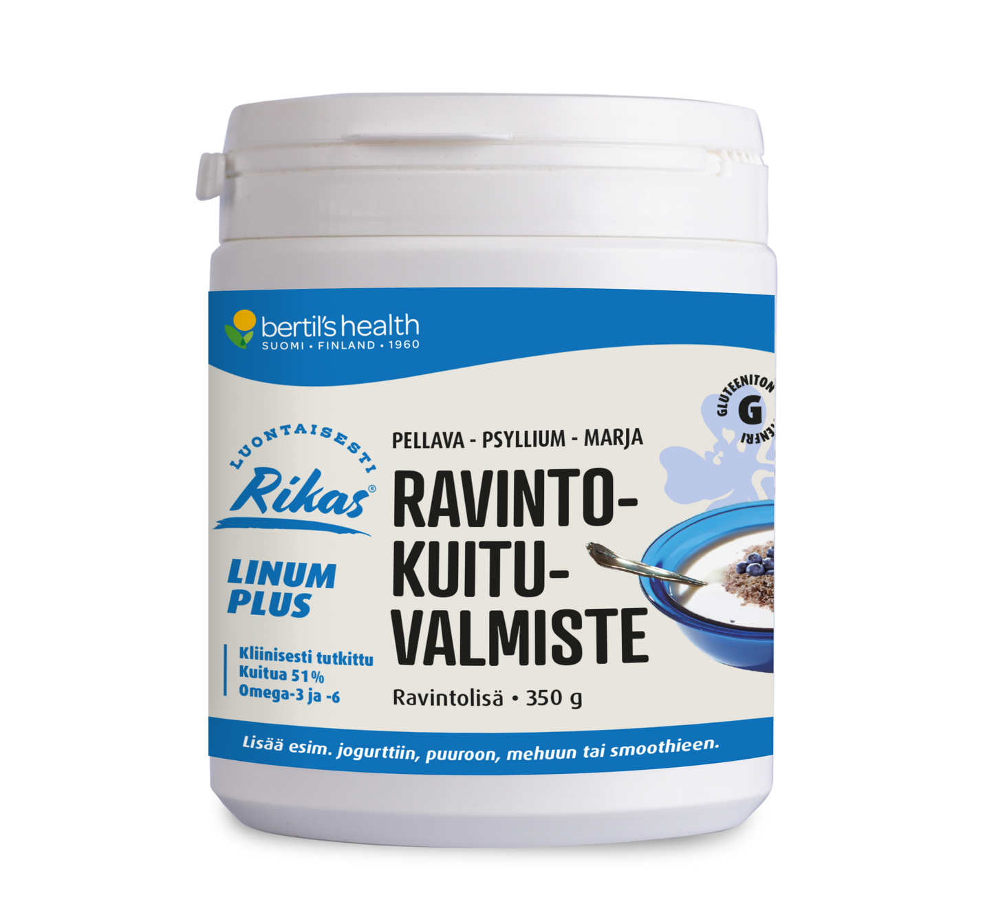 Rikas Linum Plus Ravintokuituvalmiste -purkki, 350 g; sylinterimäinen, valkoinen ja mattapintainen muovipurkki kierrekannella sinisin korostuksin; etiketissä lihavoitua tekstausvapaata tekstiä tuotenimestä sekä kuva jogurttikulhosta marjojen kanssa; kuvattu yksiväristä studiotaustaa vasten, ei ihmisiä tai käsiä näkyvissä.