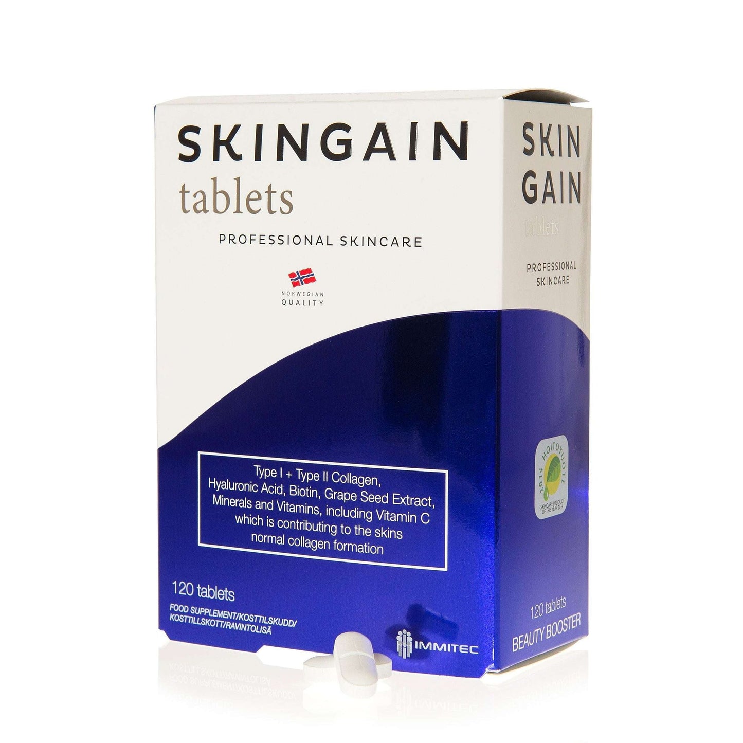 SKINGAIN-tablettipakkaus edistyneeseen ihonhoitoon, kaksi tablettia edessä; suorakulmainen mattapintainen rasia, pääosin valkoinen-sininen väritys, groteskiteksti mainitsee kollageenin ja C-vitamiinin