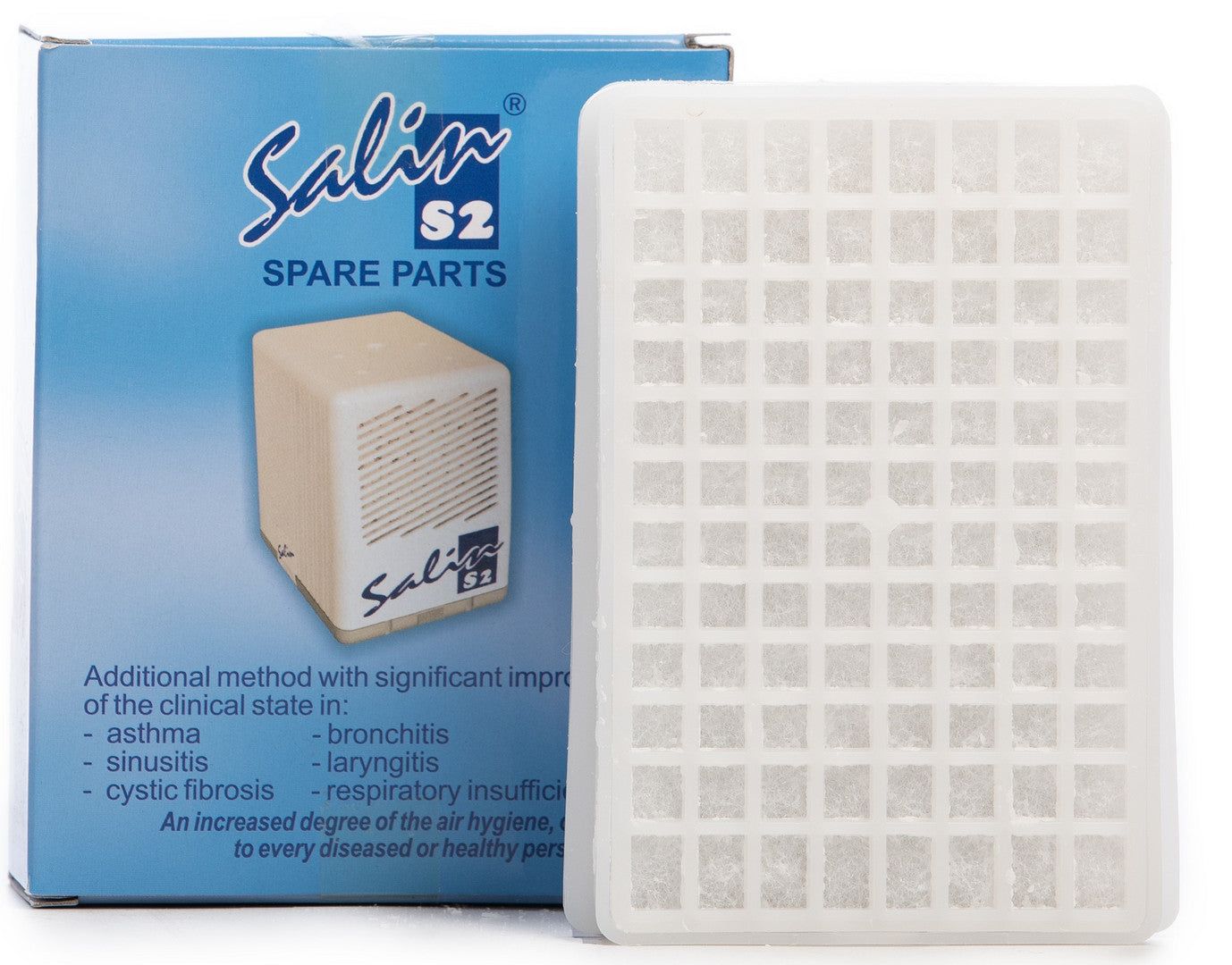 A Salin S2 spare parts filter is displayed in front of its blue packaging box, which lists respiratory conditions the product may help with, such as asthma, sinusitis, and bronchitis. The filter is rectangular with a white plastic frame and a visible mesh interior. The packaging has white sans-serif text on a matte blue background. There are no people present in the image. This replacement filter ensures continued effective air purification for those seeking relief from respiratory issues.