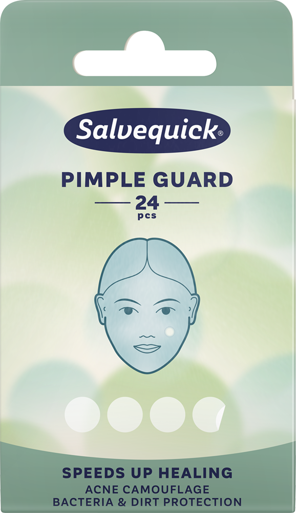 Salvequick Pimple Guard; laatikko Salvequick Pimple Guard -tuotetta, sisältää 24 kappaletta, kuvassa kasvokuvitus finnilaastarin kera ja tekstiä kehittyneestä finnien peittämisestä ja tehokkaasta bakteerisuojasta; suorakulmainen laatikko on pääosin valkoinen turkoosin ja pinkin yksityiskohdin, mattapintainen ja lihavaa groteskitypografiaa; tuotekuva valkoista taustaa vasten, ei ihmisiä tai käsiä näkyvissä.