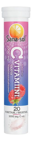 Sana-sol C-vitamiinipore Vadelma; tuubi Sana-sol-poretabletteja, C-vitamiini 1000 mg, vadelman maku ja raikas sitrusvivahde; pakkaus vaaleanpunainen ja violetti, eloisia kuvia vadelmista ja sitrusviipaleesta; lieriömäinen tuubi kiiltäväpintainen ja lihavoitua groteskityyppografiaa; ei ihmisiä tai käsiä; tausta tasainen valkoinen puhtaassa tuotekuvassa.