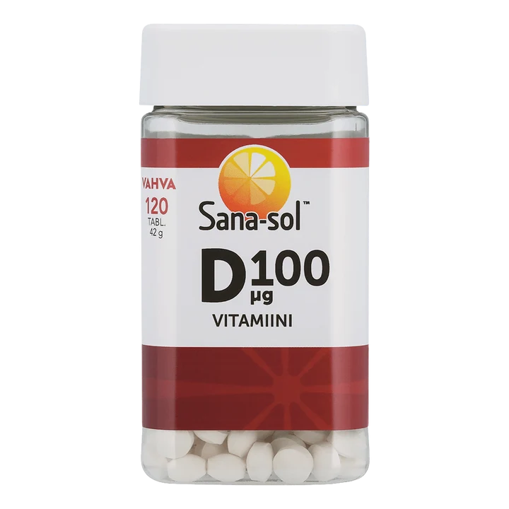 Sana-sol Helposti Nieltävä D-vitamiini 100 mikrog -pullo, 120 tablettia (42 g); kirkas, sylinterimäinen muovipullo valkoisella korkilla; mattapintaisessa punaisessa ja valkoisessa etiketissä appelsiininviipalekuvitus sekä tekstausvapaata tekstiä tablettimäärästä ja kokonaispainosta; kuvattu pehmeässä valaistuksessa yksiväristä taustaa vasten keskitettynä, ei ihmisiä tai käsiä näkyvissä.