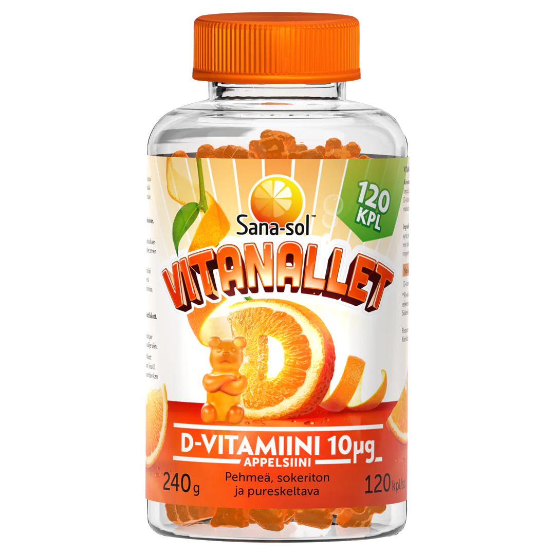 Pullo Sana-sol Vitanallet -appelsiininmakuisia D-vitamiinipurtavia, 240 g, oranssilla korkilla. Kirkas muovipullo on lieriömäinen kiiltäväpinnalla. Etiketissä on kuvituksia appelsiiniviipaleista ja keltaisesta karhunmuotoisesta purtavasta. Teksti on suomeksi pääteviivattomalla fontilla. Määräksi on ilmoitettu 120 purtavaa. Tausta on valkoinen, eikä ihmisiä tai käsiä näy kuvassa.