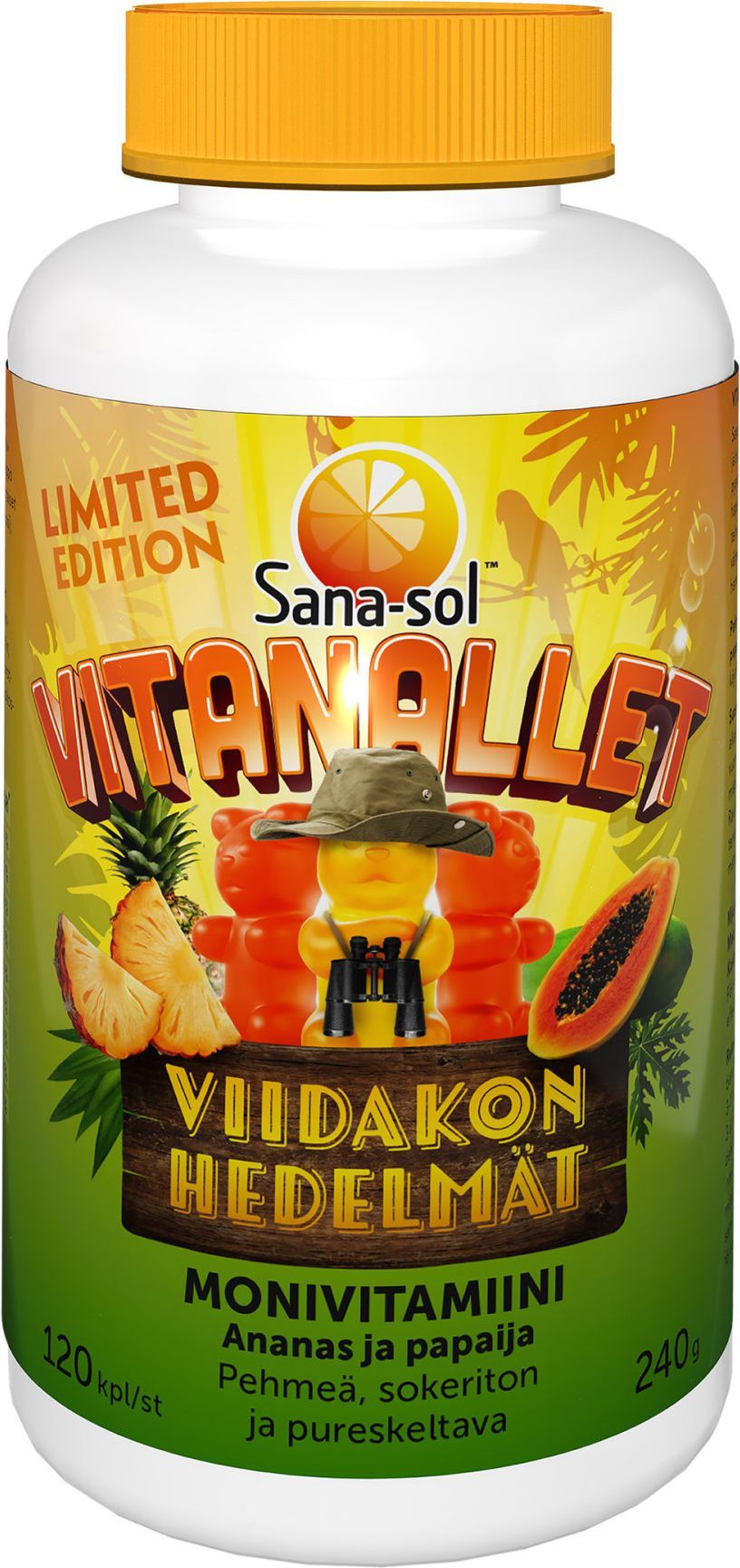 Sana-sol Vitanallet Viidakon Hedelmät: muovipullo Sana-sol Vitanallet -monivitamiineja, sylinterimäinen ja valkoisella korkilla, kiiltäväpintainen etiketti; viidakkoaiheiset kuvitukset sisältävät karhun, ananaksen ja papaijan; teksti "Limited Edition" ja muu teksti on suomeksi lihavoidulla groteskikirjasimella; tuote kuvattu neutraalia taustaa vasten, ei ihmisiä tai käsiä näkyvissä.