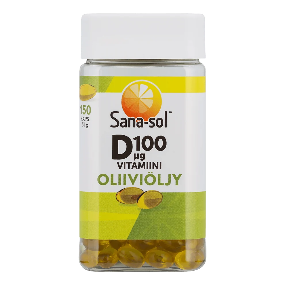 Sana-sol D-vitamiini Oliiviöljy 100 mikrog; pullo Sana-sol D100 µg Vitamiini Oliiviöljy -tuotteelle, sisältää keltaisia pehmeäkapseleita; astia muovia mattavalkoisella pinnalla ja pyöreällä muodolla; etiketissä sitruunaviipalekuvitus, vihreitä värikorostuksia, sans-serif-typografia tuotenimessä ja annostuksessa sekä sana "Oliiviöljy"; ei ihmisiä tai käsiä, neutraali tausta, edestäpäin kuvattu tuotekuva.