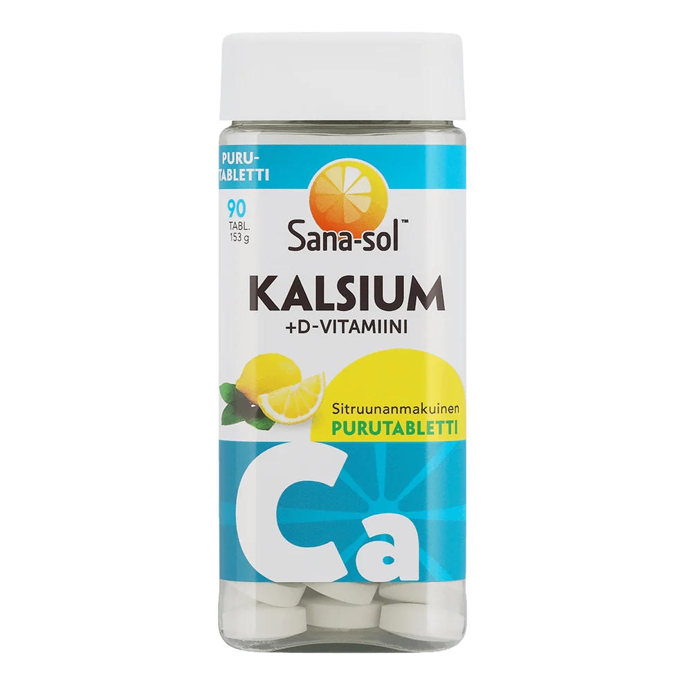 Sana-sol Kalsium + D-vitamiini -purutabletit, sitruunanmakuiset, sylinterimäisessä muovipullossa valkoisella kierrekorkilla; pinta kiiltävä; etiketissä värikkäitä kuvia sitruunoista ja tableteista, keltainen väritys ja lihavoitu groteskiteksti; kuva otettu valkoista taustaa vasten, ei ihmisiä eikä muita esineitä näkyvissä.