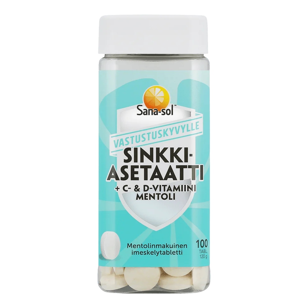 Sana-sol Sinkkiasetaatti + C- & D-vitamiini; pullo sinkkiasetaattitableteille C- ja D-vitamiinilla sekä mentolin maulla, suomenkielinen etiketti; kirkas muovipullo lieriön muotoisena kierrekorkilla, sisällä tasakokoisia valkoisia tabletteja; vaaleansininen-valkoinen etiketti groteskitekstillä; kuva vain tuotteesta tasaisessa valaistuksessa neutraalilla taustalla.