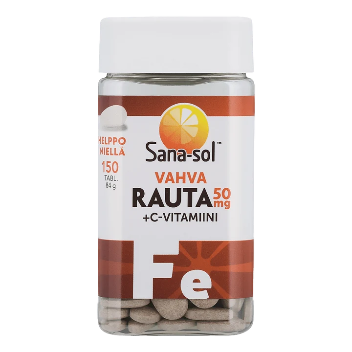 Sana-sol Vahva Rauta + C-vitamiini, 50 mg; sylinterinmuotoinen muovipullo, valkoinen runko ja oranssi kierrekorkki, kiiltäväpintainen; etiketti oranssi ja valkoinen tekstillä "Sana-sol", "Vahva Rauta 50 mg" ja tyylitellyllä sitruunakuvalla; lihavoitu groteskikirjasin pääteksteille, Fe-symboli näkyvissä alaosassa; neutraali tausta, ei ihmisiä tai käsiä, tuotteen etuetiketti selkeästi esillä.