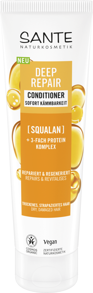 Sante Deep Repair Hoitoaine; tuubi skvalaanilla ja kolminkertaisella proteiinikompleksilla rikastettua hoitoainetta kuiville, vaurioituneille hiuksille; pakkaus korostaa vegaani- ja luomusertifiointeja luonnollisten ainesosien merkiksi; tuubi seisoo pystyssä, mattapintaista materiaalia valkoisena keltaisin korostein; musta groteskikirjasin pääasiallisessa tuotenimessä, sertifiointikuvakkeet etuetiketissä; tausta valkoinen, ei ihmisiä tai käsiä näkyvissä.