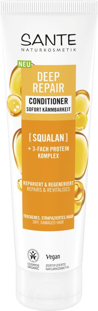 Sante Deep Repair Hoitoaine; tuubi skvalaanilla ja kolminkertaisella proteiinikompleksilla rikastettua hoitoainetta kuiville, vaurioituneille hiuksille; pakkaus korostaa vegaani- ja luomusertifiointeja luonnollisten ainesosien merkiksi; tuubi seisoo pystyssä, mattapintaista materiaalia valkoisena keltaisin korostein; musta groteskikirjasin pääasiallisessa tuotenimessä, sertifiointikuvakkeet etuetiketissä; tausta valkoinen, ei ihmisiä tai käsiä näkyvissä.