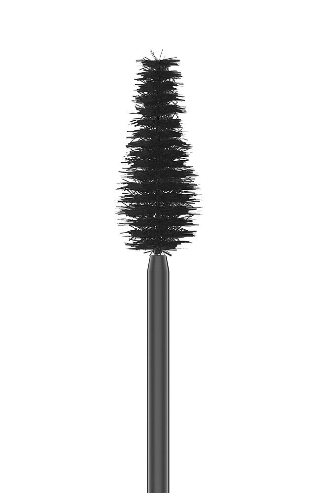 Sante Fresh Cucumber Volume Mascara Extra Black; lähikuva mustasta ripsiväriharjasta tiheine, kapenevine harjaksineen ripsien volyymin lisäämiseksi valkoista taustaa vasten; harja kiiltävää mustaa muovia tiiviisti aseteltuine synteettisine harjaksineen, jotka kapenevat kärkeä kohti; ei näkyvää pakkausta tai etikettitekstiä; kuva tasaisesti valaistu, ei käsiä tai ihmisiä.