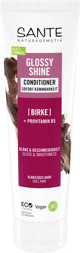 Sante Glossy Shine Hoitoaine; tuubi koivulla ja provitamiini B5:llä rikastettua hoitoainetta, merkitty mattahiuksille; vegaaninen pakkaus sisältää ekosertifiointeja ja tekstiä sekä saksaksi että englanniksi; pakkaus on valkoinen muovituubi mattapinnalla, vihrein korostein ja mustalla groteskikirjasimella; kuvattu pystyssä vaalealla taustalla tasaisessa valaistuksessa, ei ihmisiä tai käsiä näkyvissä.