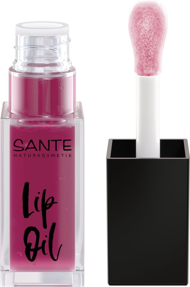 Sante Lip Oil Pink; kirkas suorakulmainen pullo vaaleanpunaista Sante-huuliöljyä, pehmeäkärkinen vaaleanpunainen siveltimen sauva vieressä; pakkaus kiiltävää muovia yksinkertaisin groteskitekstein etiketissä, jossa lukee Lip Oil ja SANTE NATURKOSMETIK; ei ihmisiä tai toimintaa; tausta yksinkertainen ja tasaisesti valaistu; lähikuva tuotteesta.