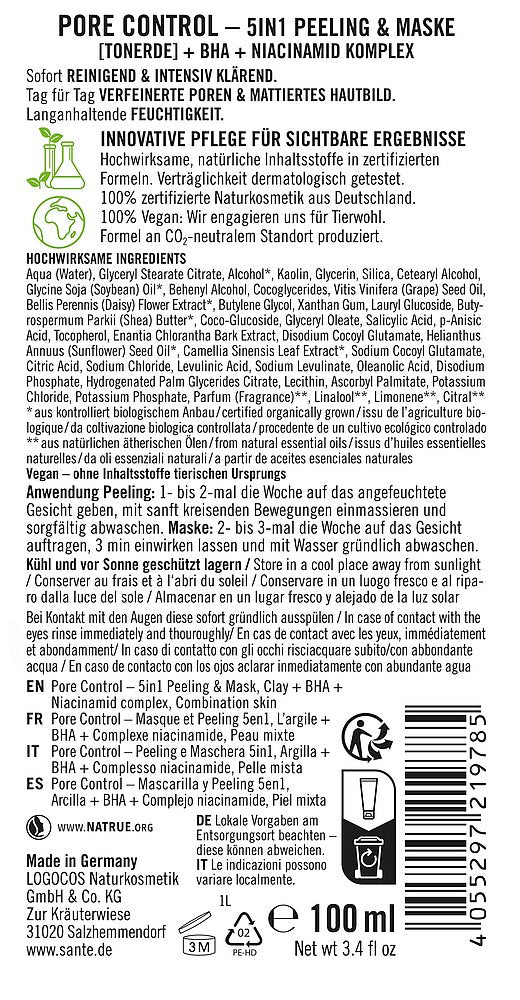Plastic tube with a matte finish, white body and blue printed text. Rectangular shape with rounded edges, standard cap. Sans-serif typography in bold for product name. Label of a skincare product called PORE CONTROL – 5IN1 PEELING & MASKE in German, listing ingredients such as nourishing extracts and botanicals. Highlights product benefits for clear, refined skin texture and minimized pores. Includes usage instructions for optimal results, certifications confirming dermatological safety, and detailed
