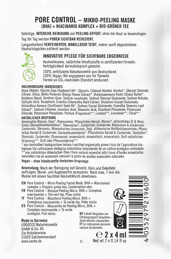 Back of a Sante Pore Control Micro-Peeling Face Mask packet, displaying product description, usage instructions, and a detailed list of ingredients in German. Also features the bar code, recycling symbols, and highlights the mask’s pore control benefits. Rectangular sachet with matte finish; mostly white with teal and gray accents; dense black sans-serif text over most of the surface. No people or hands visible. Shot is tightly focused on the flat-laid packet against a plain background.