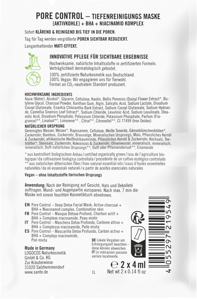 Sante Pore Control SyvÀpuhdistava Kasvonaamio; annospussi Sante Pore Control -syvÀpuhdistavaa naamiota; suorakulmainen, mattapintainen pakkaus pÀÀosin valkoinen vihrein korostein ylÀosassa; musta-vihreÀÀ saksankielistÀ groteskitekstiÀ esittÀÀ ainesosat, kÀyttöohjeet ja tuotetiedot; viivakoodi alaoikealla; ei ihmisiÀ tai kÀsiÀ kuvassa; kuvattu yksivÀrisellÀ taustalla.