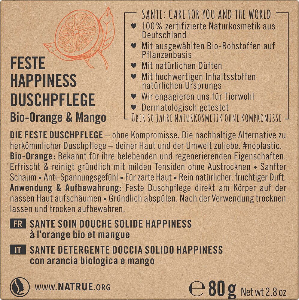 Label for a solid shower bar called Feste Happiness Duschpflege with Bio-Orange & Mango, showcasing product features, usage directions, and certifications in German, French, and Italian. Contains 80g. Includes natural cosmetic details and highlights the refreshing qualities of mango. Rectangular paper packaging with matte finish; main colors are yellow and white; bold sans-serif typeface is used for headings and key info; compact layout groups text blocks by language; no people or hands visible;