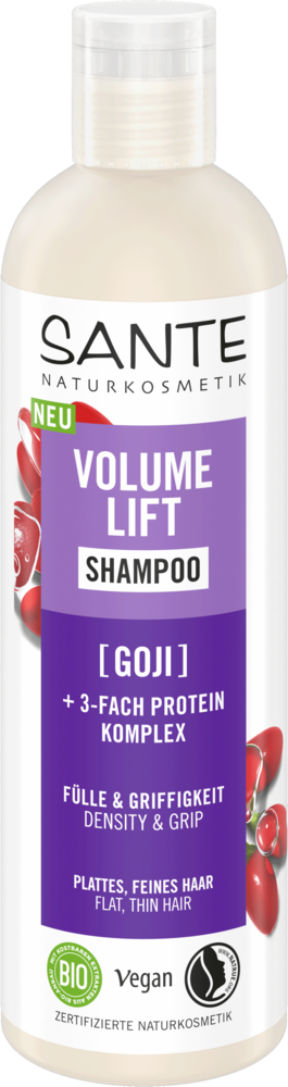 Sante Volume Lift Shampoo; pullo goji-marjoilla rikastettua shampoota, suunniteltu ohuille, litteille hiuksille; sylinterinmuotoinen muovipakkaus mattapinnalla; valkoinen tausta ja kontrastisia värielementtejä etuetiketissä; huomattava etikettiteksti korostaa tiheyttä ja pitoa, vegaanisuutta ja sertifioitua luonnonkosmetiikkaa; kuvia goji-marjoista; ei ihmisiä tai muita esineitä näkyvissä, tausta yksivärinen.