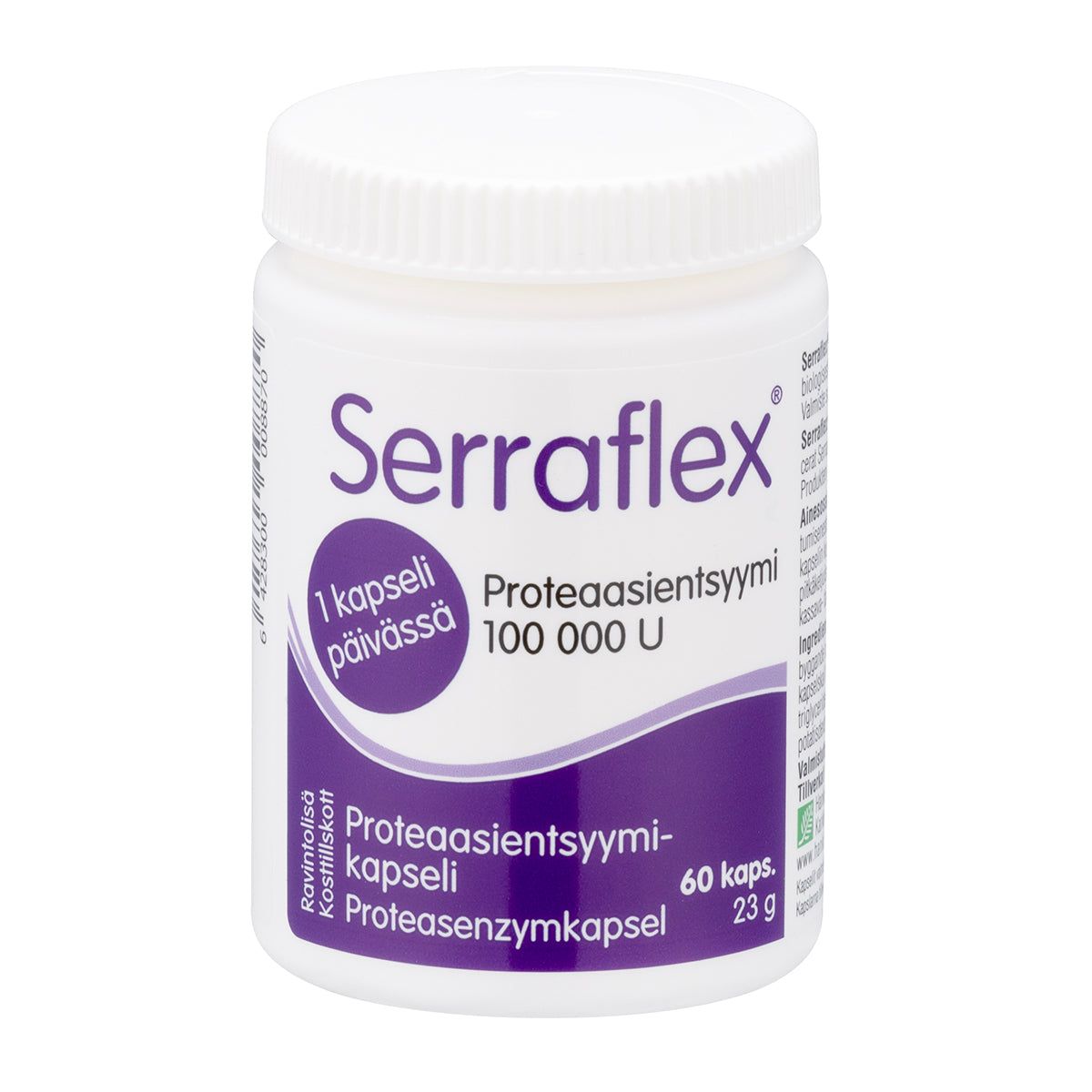 Serraflex: valkoinen sylinterimäinen muovipurkki violetein korostuksin ja valkoisella kierrekorkilla, sisältää 60 proteaasientsyymikapselia (100 000 U); mattapinta; etiketissä groteskiteksti suomeksi ja ruotsiksi tuotteesta ja annostuksesta; purkki seisoo pystyssä neutraalia taustaa vasten, ei ihmisiä tai toimintaa kuvassa.