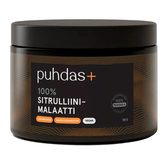 Puhdas+ Sitrulliinimalaatti; musta mattapintainen muovipurkki sylinterinmuotoisena; oranssi ja valkoinen groteskiteksti eri painoin, etiketissä lukee "puhdas+ 100% sitrulliinimalaatti" sekä maininta vegaanisuudesta ja lisäaineettomuudesta; nettopaino 200 grammaa; vaalea tausta, ei ihmisiä tai käsiä kuvassa, suora tuotekuva.