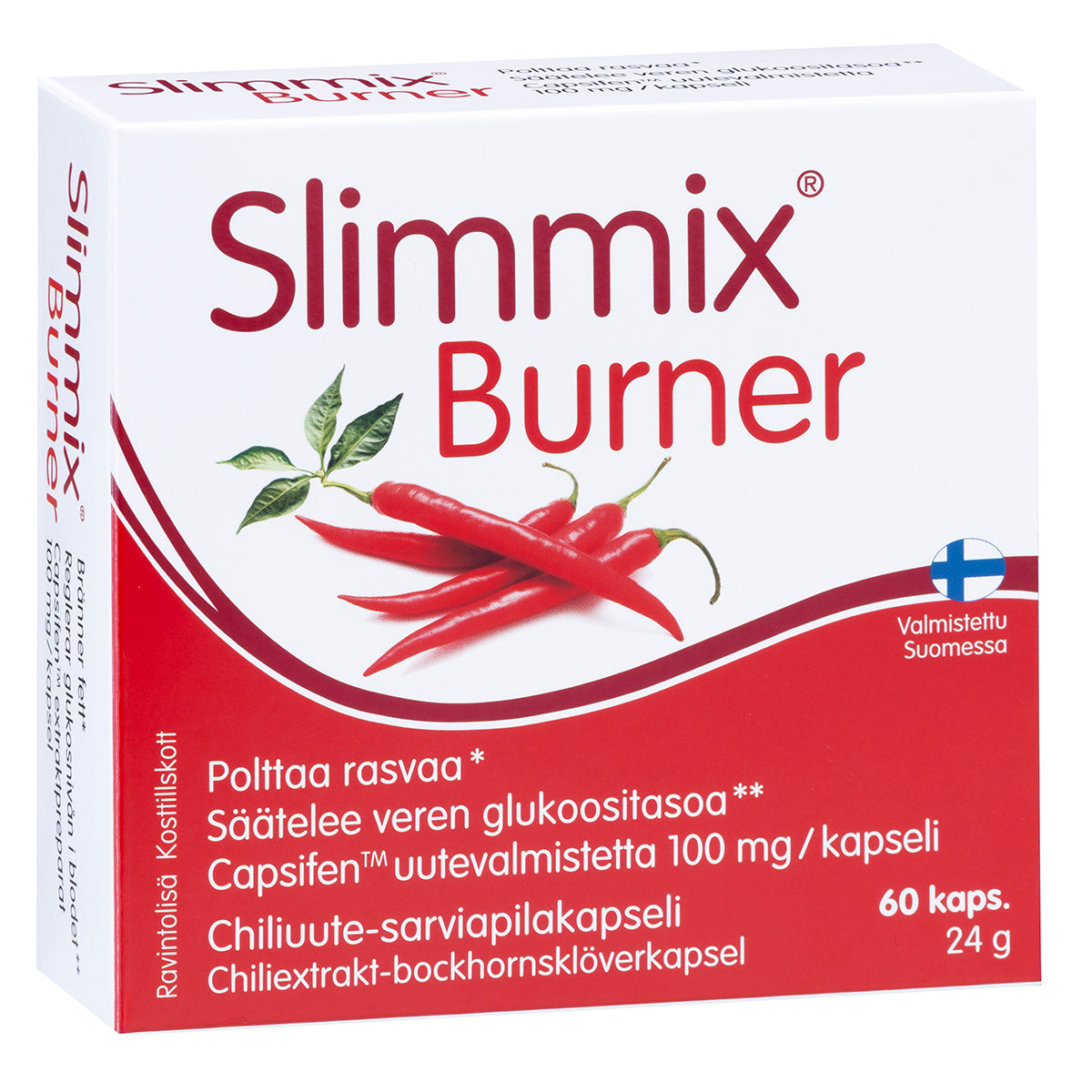 Slimmix Burner: valkoinen rasia Slimmix Burner -ravintolisää punaisella tekstillä, kolme punaista chilinpalkoa ja suomenkielistä tekstiä; rasia sisältää 60 kapselia ja siinä on pieni Suomen lipun symboli oikealla puolella; pakkaus on suorakulmainen mattapinnalla, pääosin valkoinen tausta, lihavoitu punainen groteskikirjasin, ei ihmisiä tai käsiä näkyvissä; kuva otettu neutraalia taustaa vasten tasaisessa valaistuksessa.