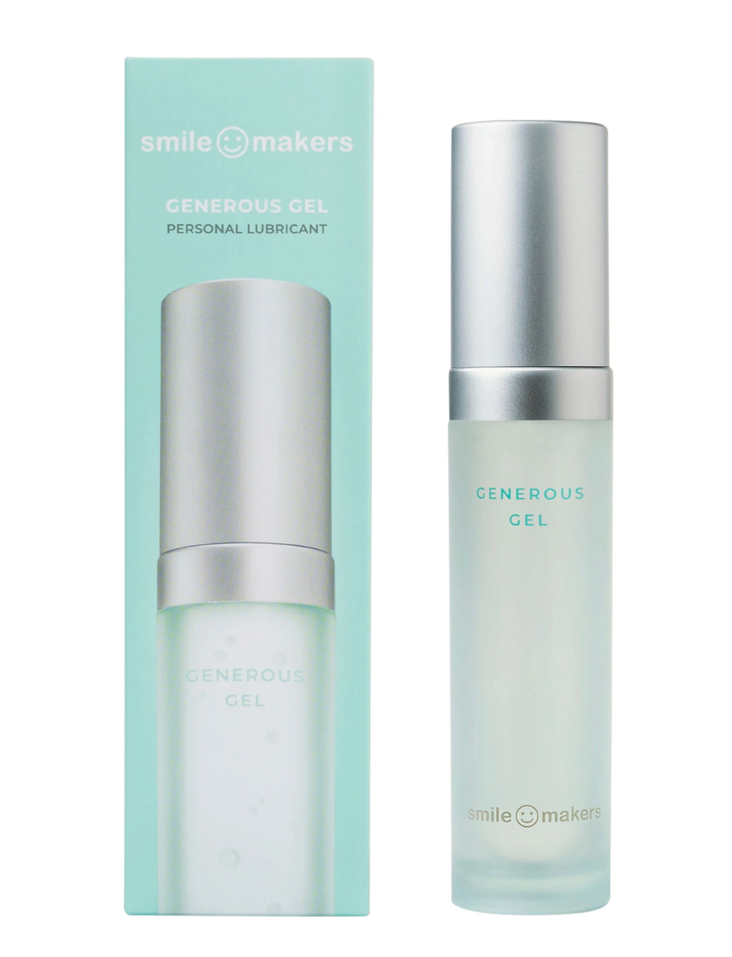 Smile Makers Generous Gel Liukuvoide; pullo Smile Makers Generous Gel -liukuvoiteelle yhdessä sitä vastaavan vaaleansinisen suorakulmaisen laatikon kanssa, molemmissa tuotenimi ja brändi selkeällä groteskifontilla; huurrettu lieriön muotoinen pullo hopeanvärisellä mattapintaisella korkilla; ei ihmisiä tai käsiä, valkoinen tausta, suora tuotekuva.