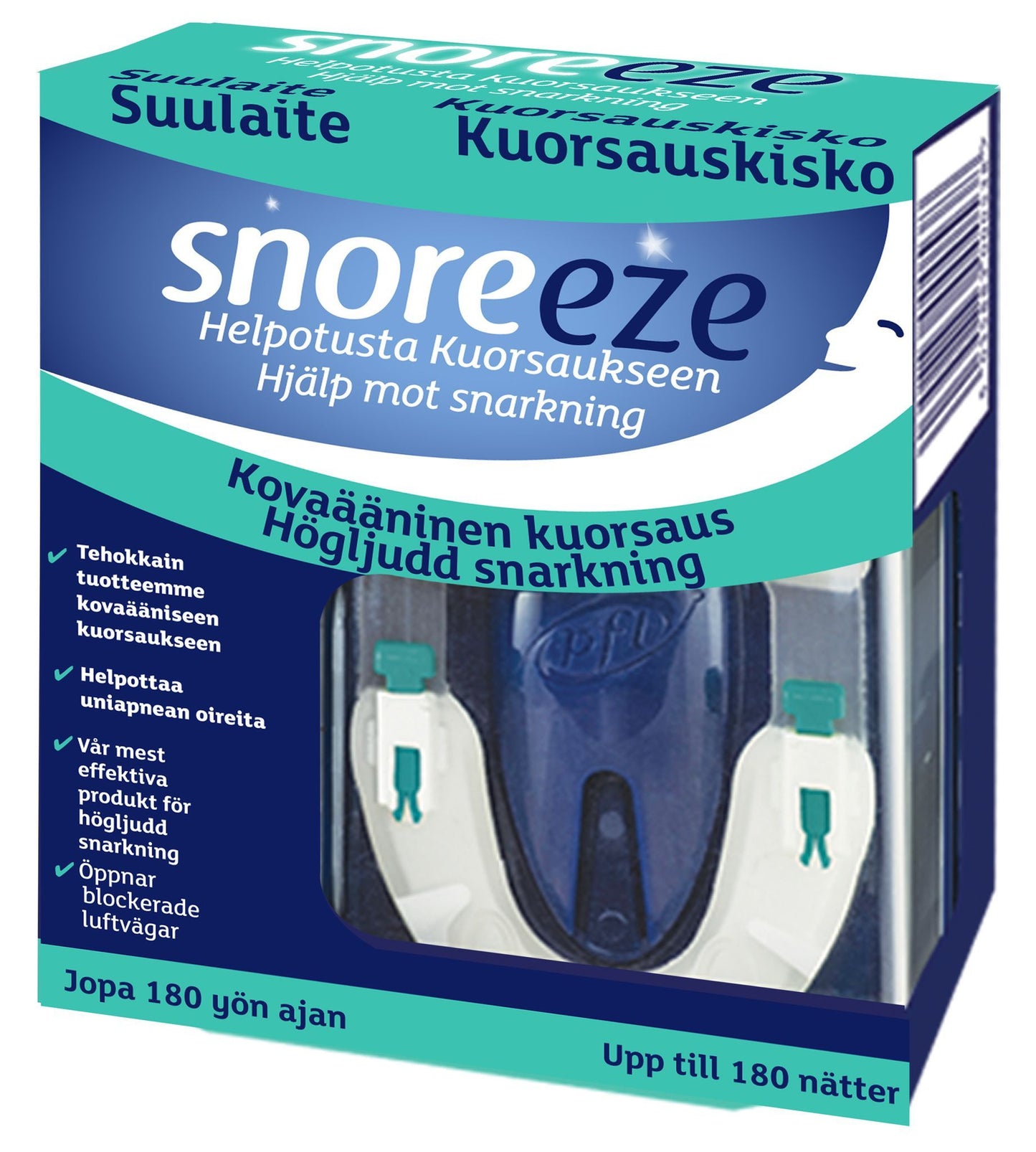 Snoreeze Kuorsauskisko; sininen ja valkoinen Snoreeze-kuorsauksenestosuulakepakkaus suomen- ja ruotsinkielisin tekstein, tuote näkyvissä kirkkaan ikkunan läpi, korostaen tehokasta kuorsauslievitystä jopa 180 yön ajan; suorakulmainen kiiltopintainen kartonkipakkaus, lihavoitu groteskitypografia eri kokoina, sisällä näkyvä tuote läpinäkyvää muovia; ei ihmisiä tai käsiä, pakkaus tasaista taustaa vasten.