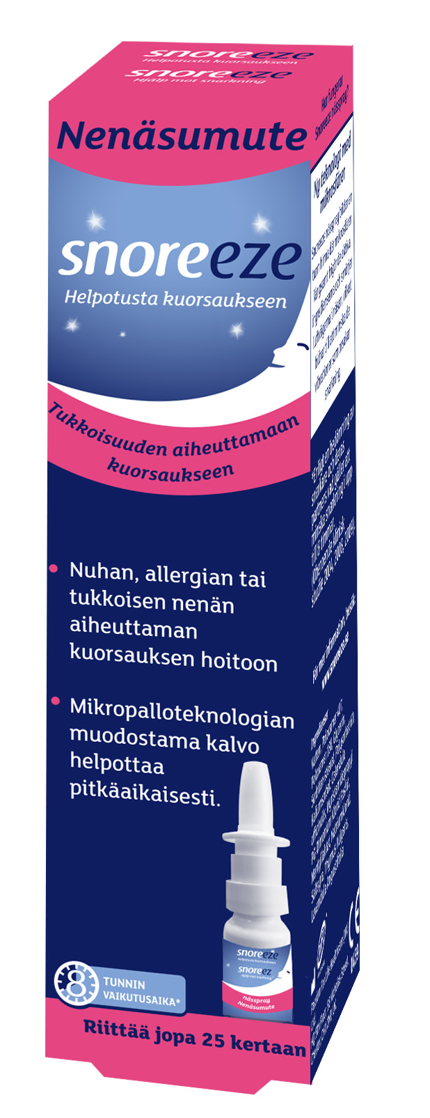 Snoreeze Nenäsumute; vaaleanpunainen ja sininen Snoreeze-nenäsumuterasia suomenkielisellä tekstillä, näyttää suihkepullon, käyttöohjeet ja korostaa hyötyjä nenän tukkoisuuden helpottamiseksi ja yöllisen hengityksen parantamiseksi; rasia kiiltopintainen lihavoidulla groteskitypografialla; sisällä oleva nenäsuihke valkoista muovia kirkkaalla korkilla; tuote ja pakkaus kuvattu valkoista taustaa vasten, ei ihmisiä tai käsiä.