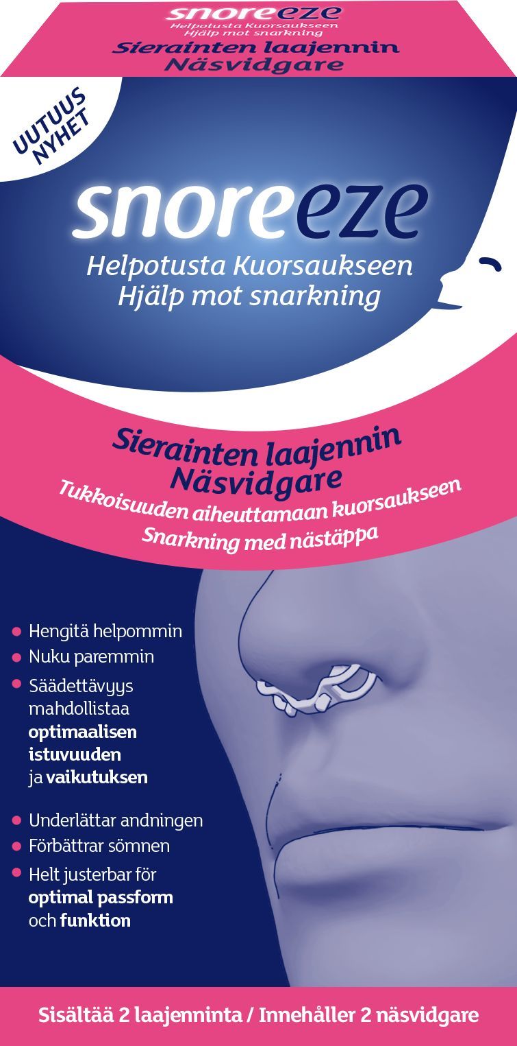Snoreeze Sierainten laajennin; pakkaus Snoreeze-sierainlaajentimelle, kuvituksena nenä laitteen kera asennettuna; rasia suorakulmainen mattapinnalla, pääosin sininen ja valkoinen; luettava etikettiteksti suomeksi ja ruotsiksi kuvailee vähentynyttä kuorsausta ja tukkoisuutta; typografia lihavoitua groteskia; ei ihmisiä tai käsiä, vaalea tausta, suora tuotekuva.