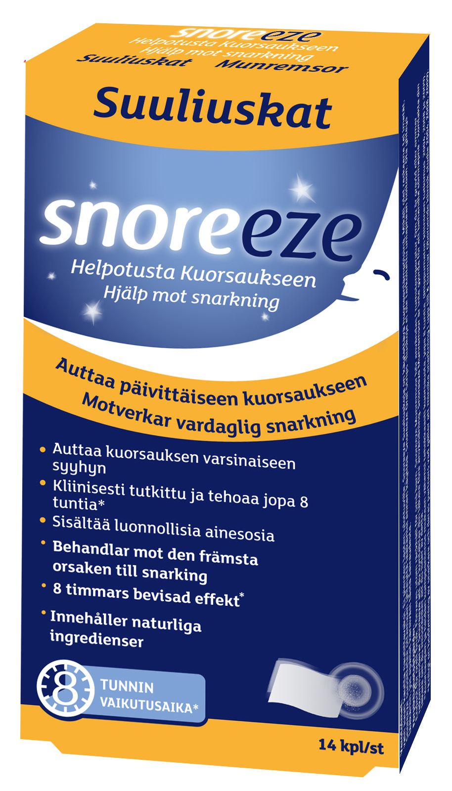 Sininen ja keltainen Snoreeze-rasia suomeksi ja ruotsiksi, sisältäen 14 suunsisäistä liuskaa kuorsauksen vähentämiseen, luonnollisin ainesosin ja vaikutuksella jopa kahdeksaan tuntiin. Suorakulmainen rasia vaikuttaa mattapintaiselta, ja siinä on lihavoitua tekstiä sekä numerotietoja etupuolella. Kuvattuna pelkistetyllä valkoisella taustalla studiotyylisenä tuotekuvana. Ihmisiä tai käsiä ei näy.