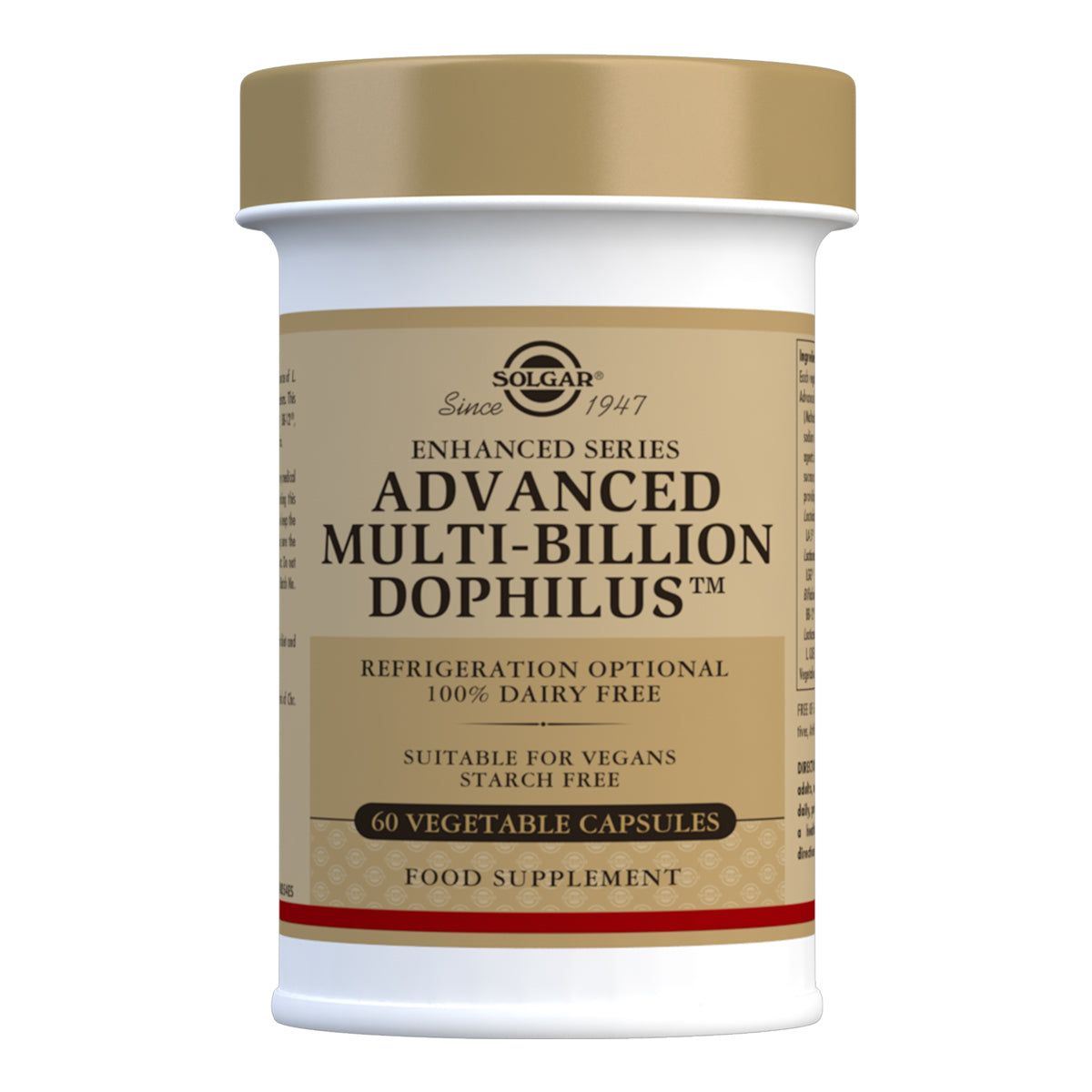 Solgar Advanced Multi-Billion Dophilus -pullo, ruskea lasipullo kultaisella metallikorkilla; beige-sininen etiketti, 60 kasviskapselia