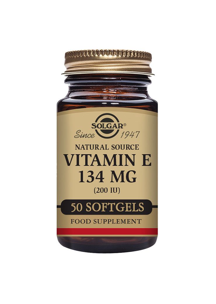 Solgar E-vitamiini 134 mg vegaaninen -pullo, ruskea lasipullo kiiltävällä kultaisella korkilla; 50 pehmytkapselia, luonnollinen antioksidantti