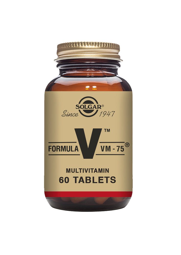 Solgar Formula VM-75 Multivitamiini -pullo, 60 tablettia; kultakorkkinen kiiltävä sylinterinmuotoinen pullo, beige etiketti musta-punaisella tekstillä, Solgar-logo vuodesta 1947